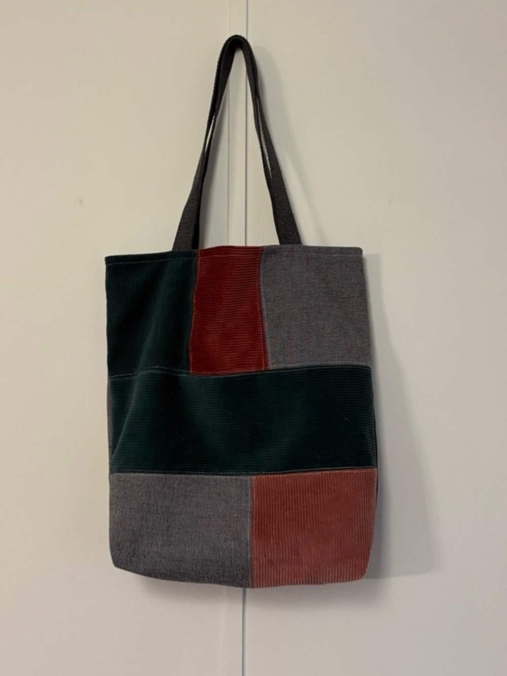 Corduroy Patchwork Tote Bag - Green, Burgundy and Gray Shopping Market NWT